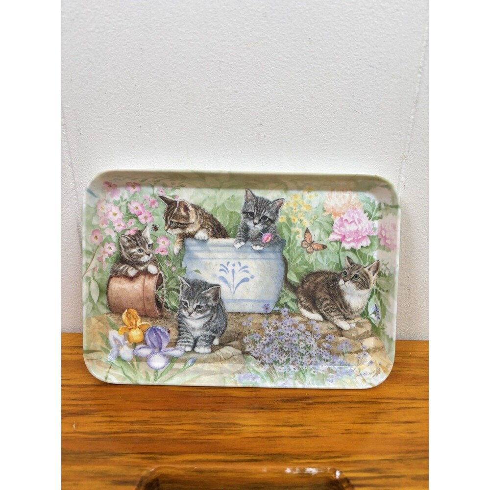 Vintage Melamine Tray‎ Kittens Spring Flowers 5.5" X 8" made in Italy